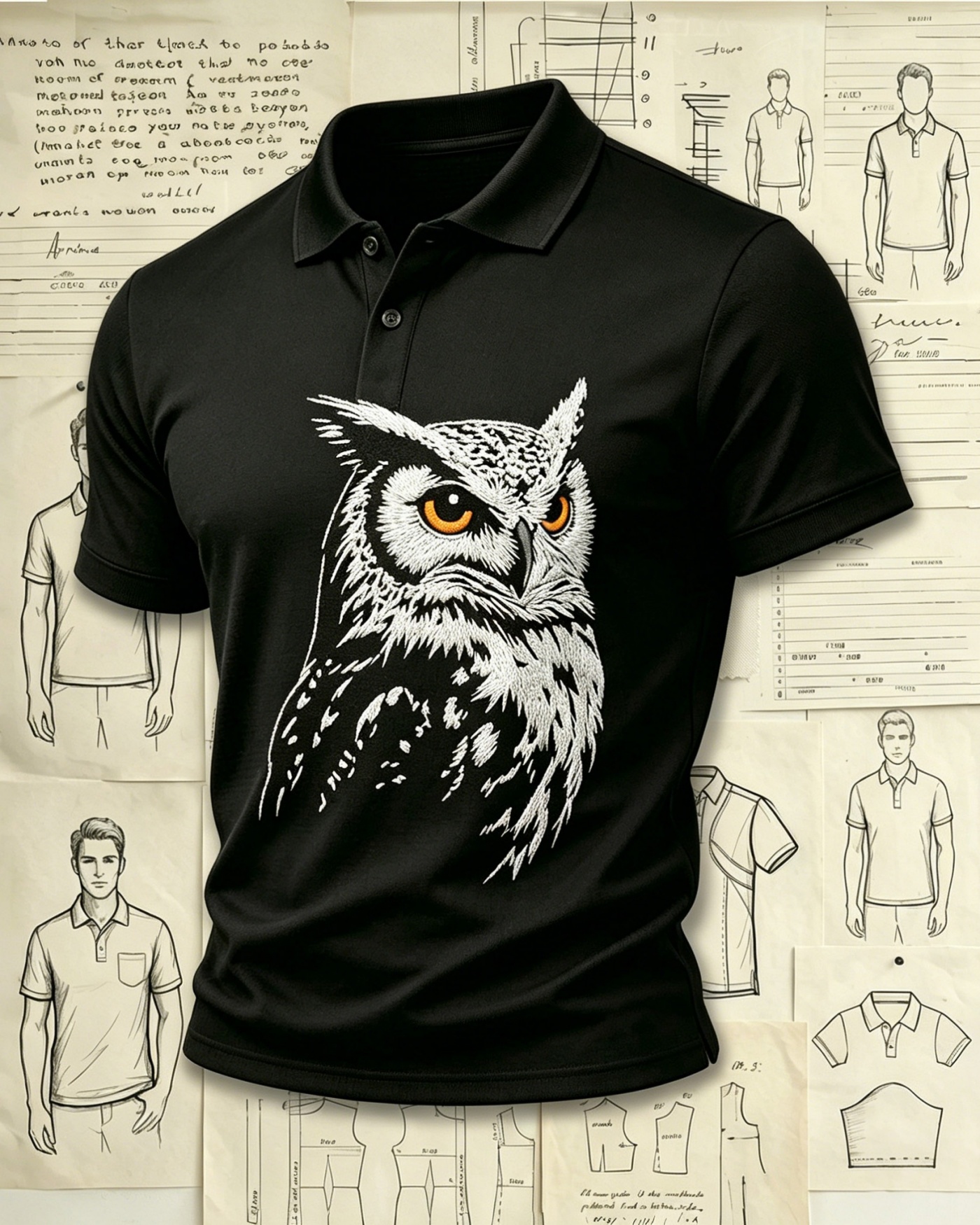 Nocturnal Forest Owl Embroidered Pattern Polo Shirts