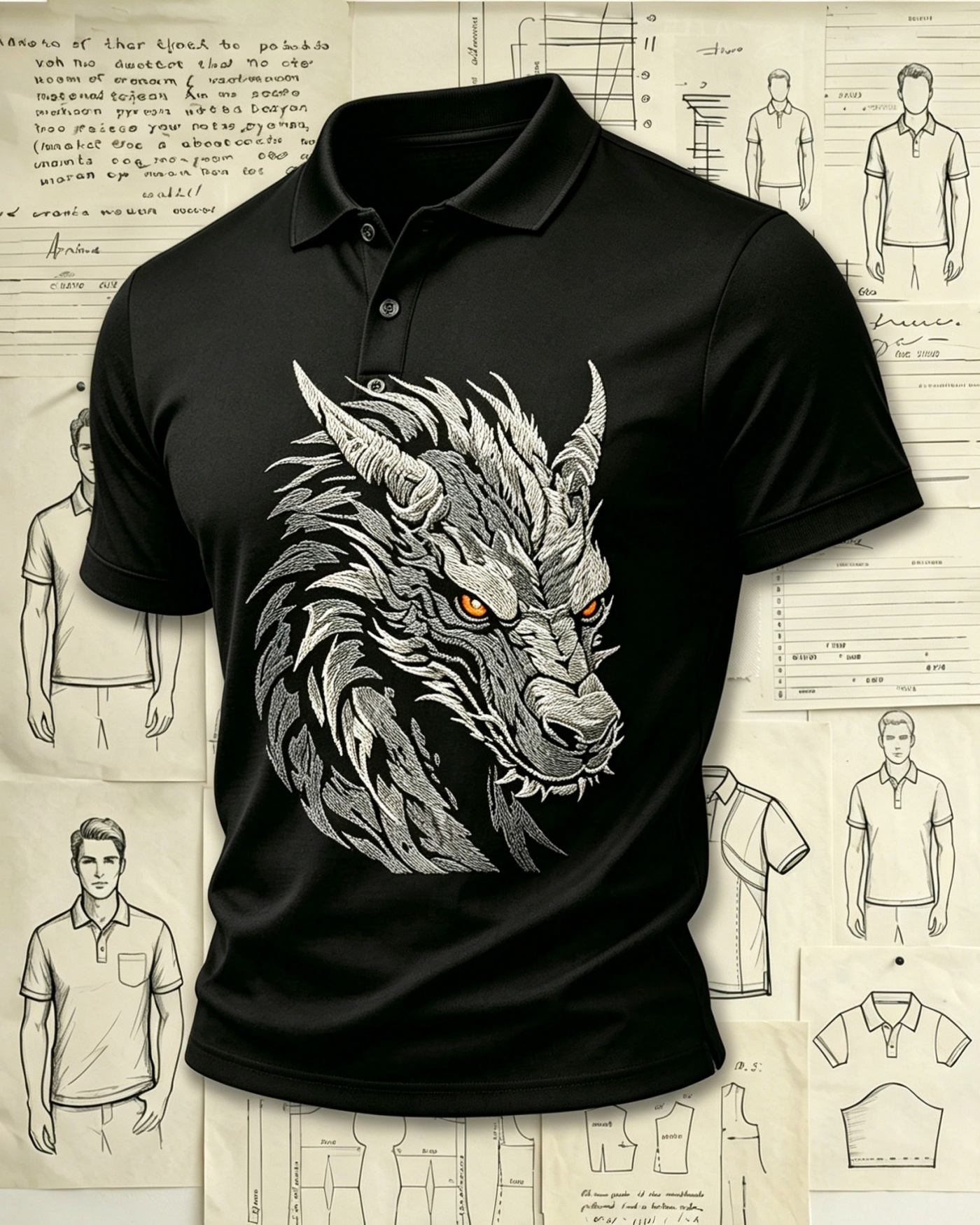 Mythic Dragon Embroidered Pattern Polo Shirts