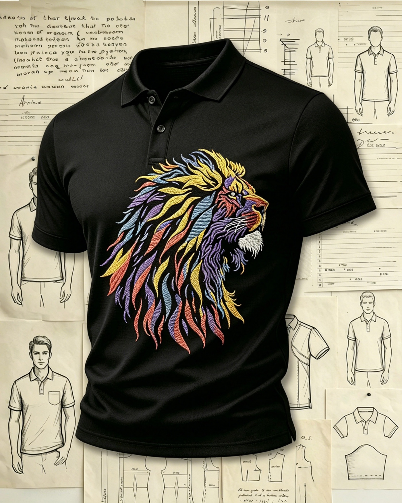 Vintage Wild Lion Embroidered Pattern Polo Shirts