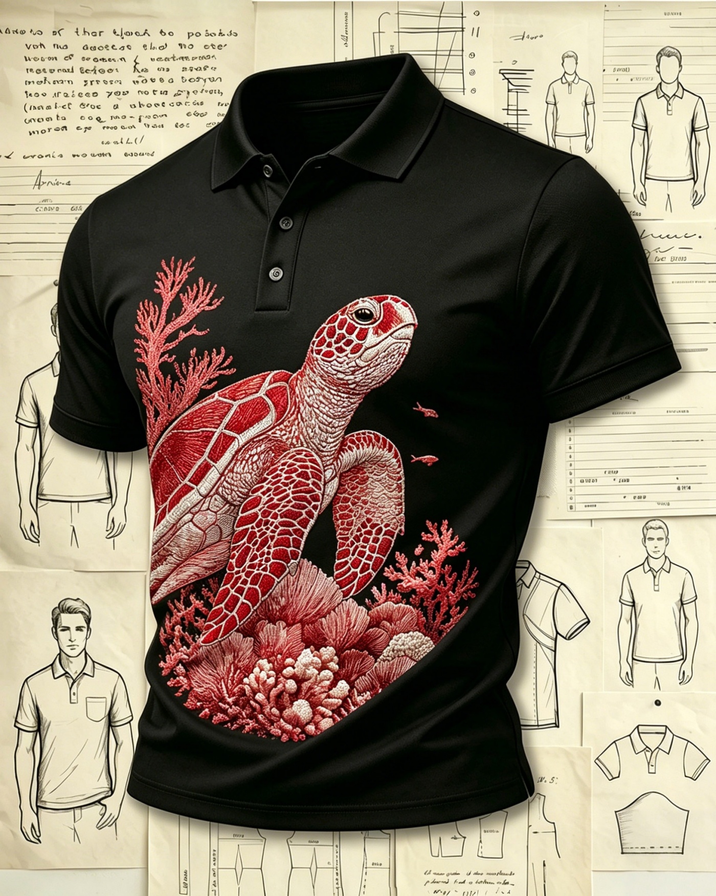Ocean Coral Sea Turtle Embroidered Pattern Polo Shirts