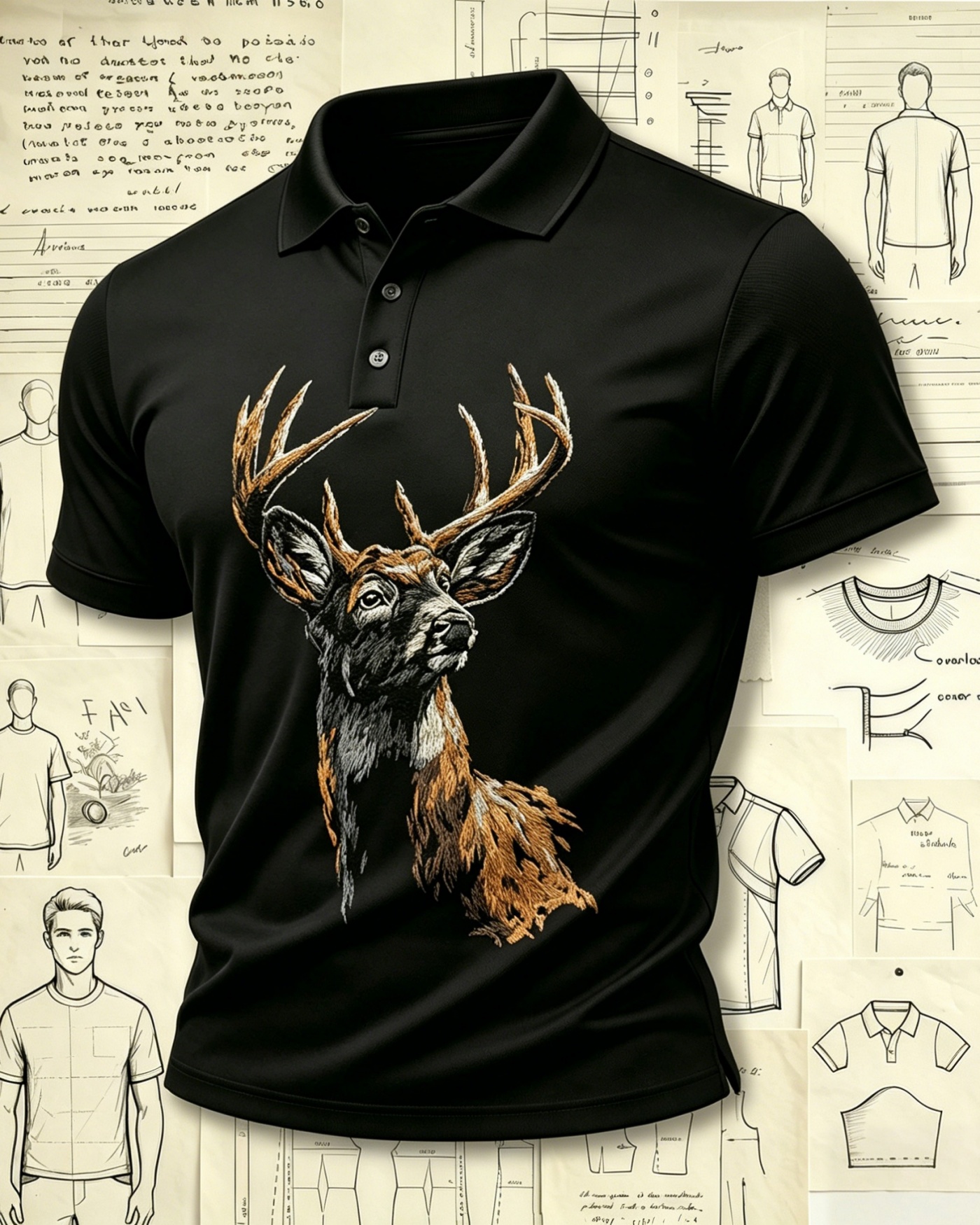 Forest Wilderness Deer Embroidered Pattern Polo Shirts