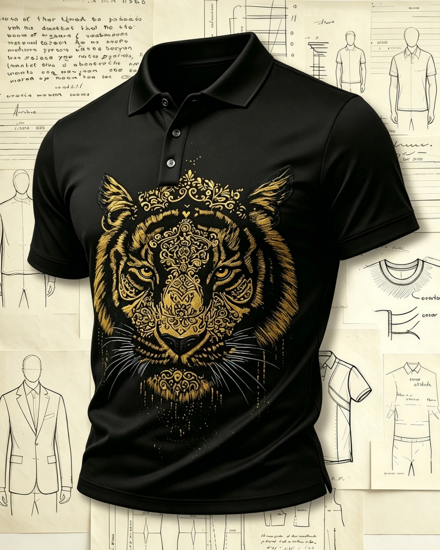 Oriental Vintage Tiger Embroidered Pattern Polo Shirts