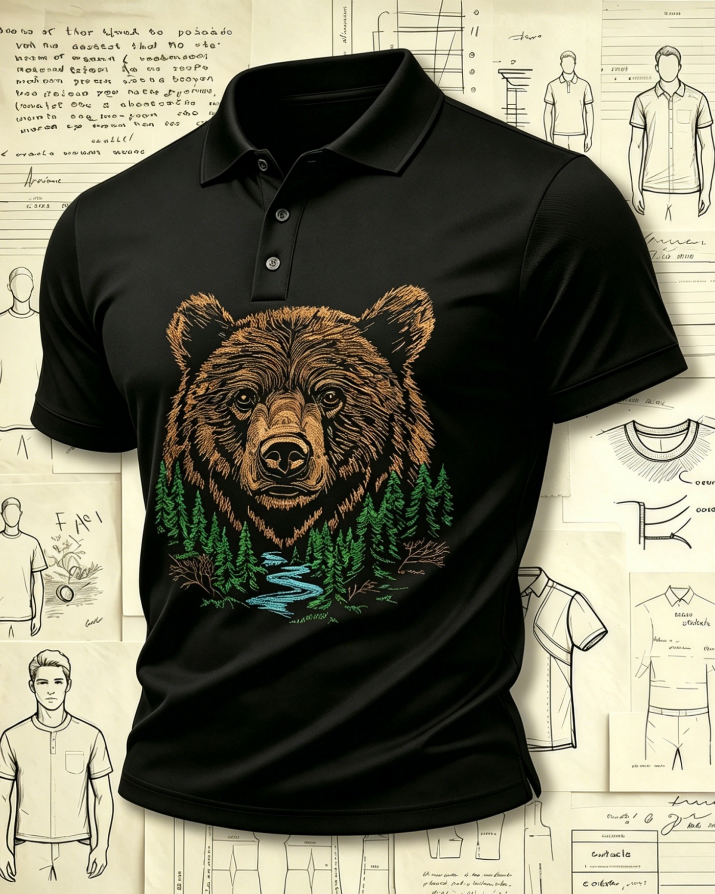Northwoods Grizzly Bear Embroidered Pattern Polo Shirts