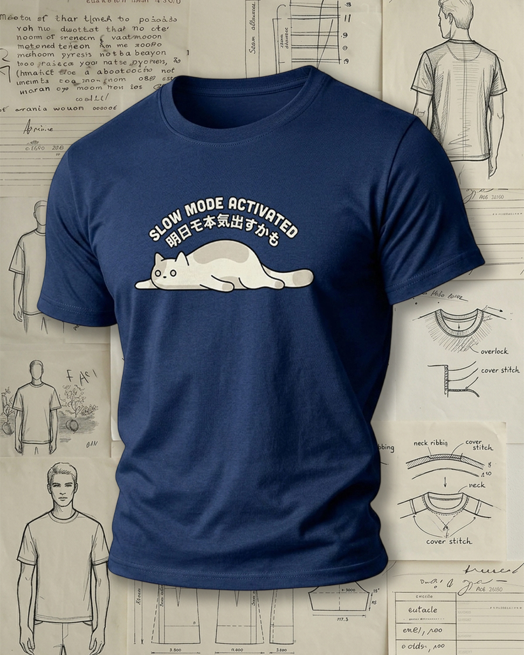 Lying Cat with Bilingual Print Retro Lazy Unisex T-Shirt