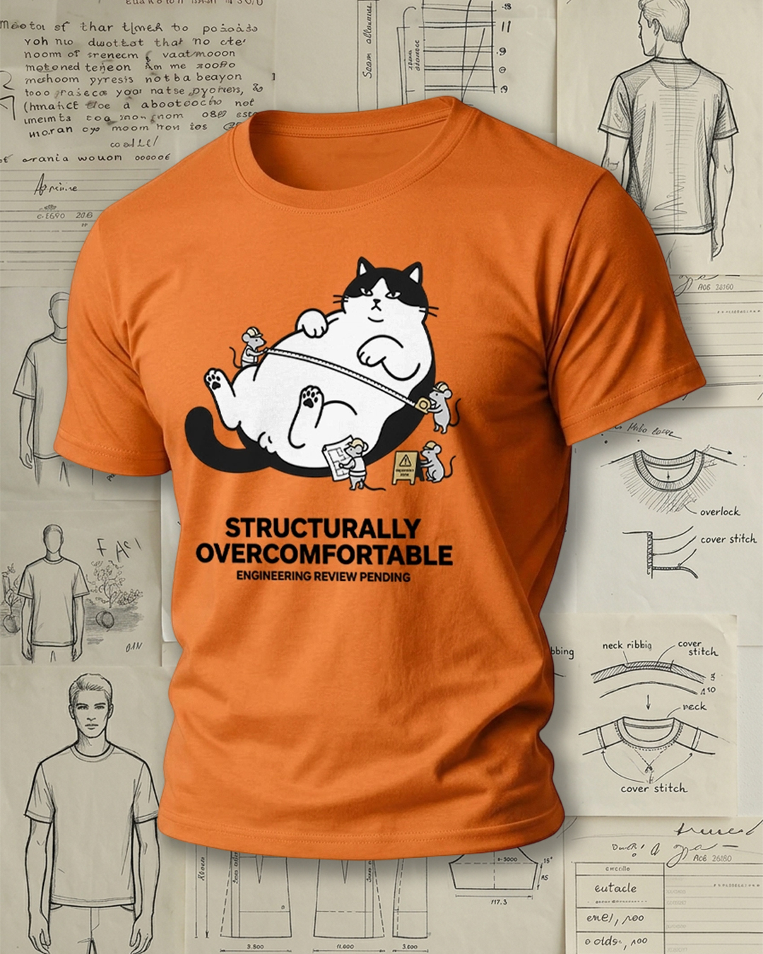 Fat Cat Lying Flat Engineering Meme Print Retro Funny Unisex T-Shirt