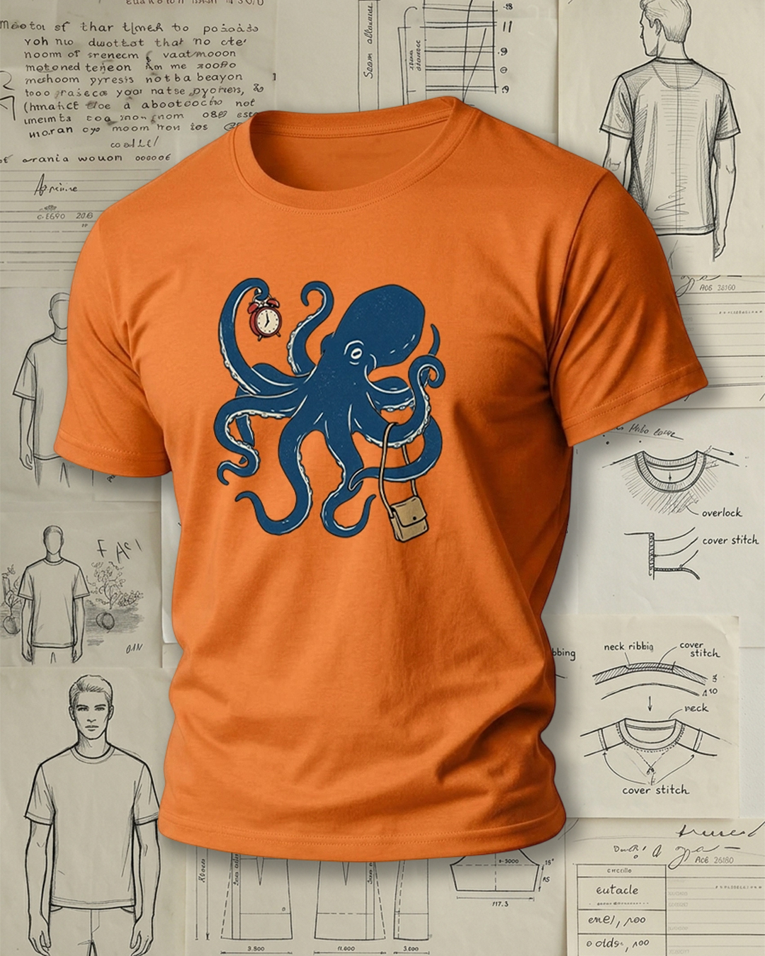Octopus Carrying Bag and Holding Clock Print Retro Funny Unisex T-Shirt