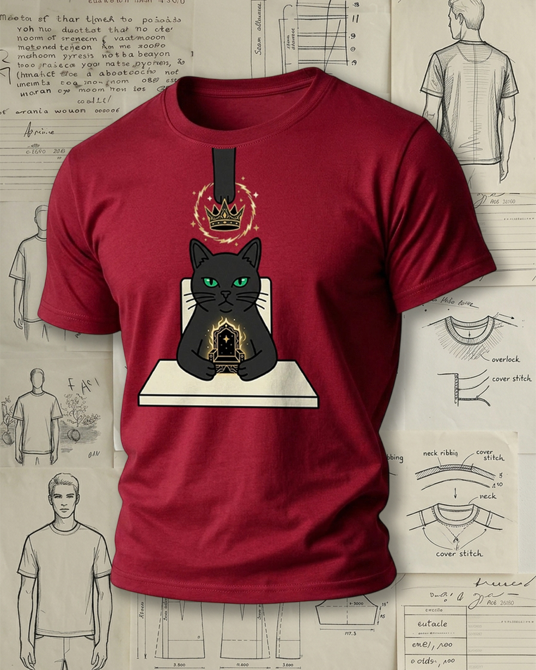 Black Cat Holding Throne with Crown Print Retro Cool Unisex T-Shirt