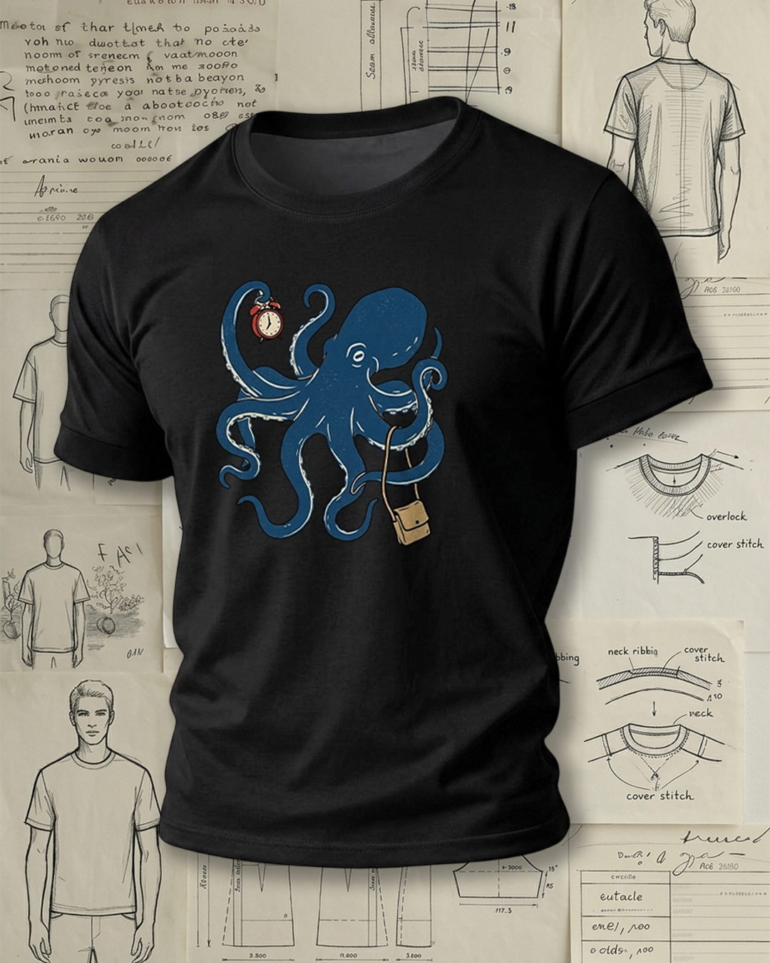 Octopus Carrying Bag and Holding Clock Print Retro Funny Unisex T-Shirt