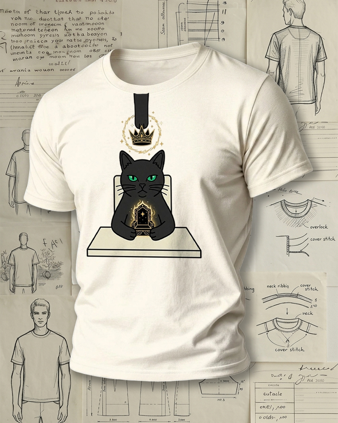 Black Cat Holding Throne with Crown Print Retro Cool Unisex T-Shirt