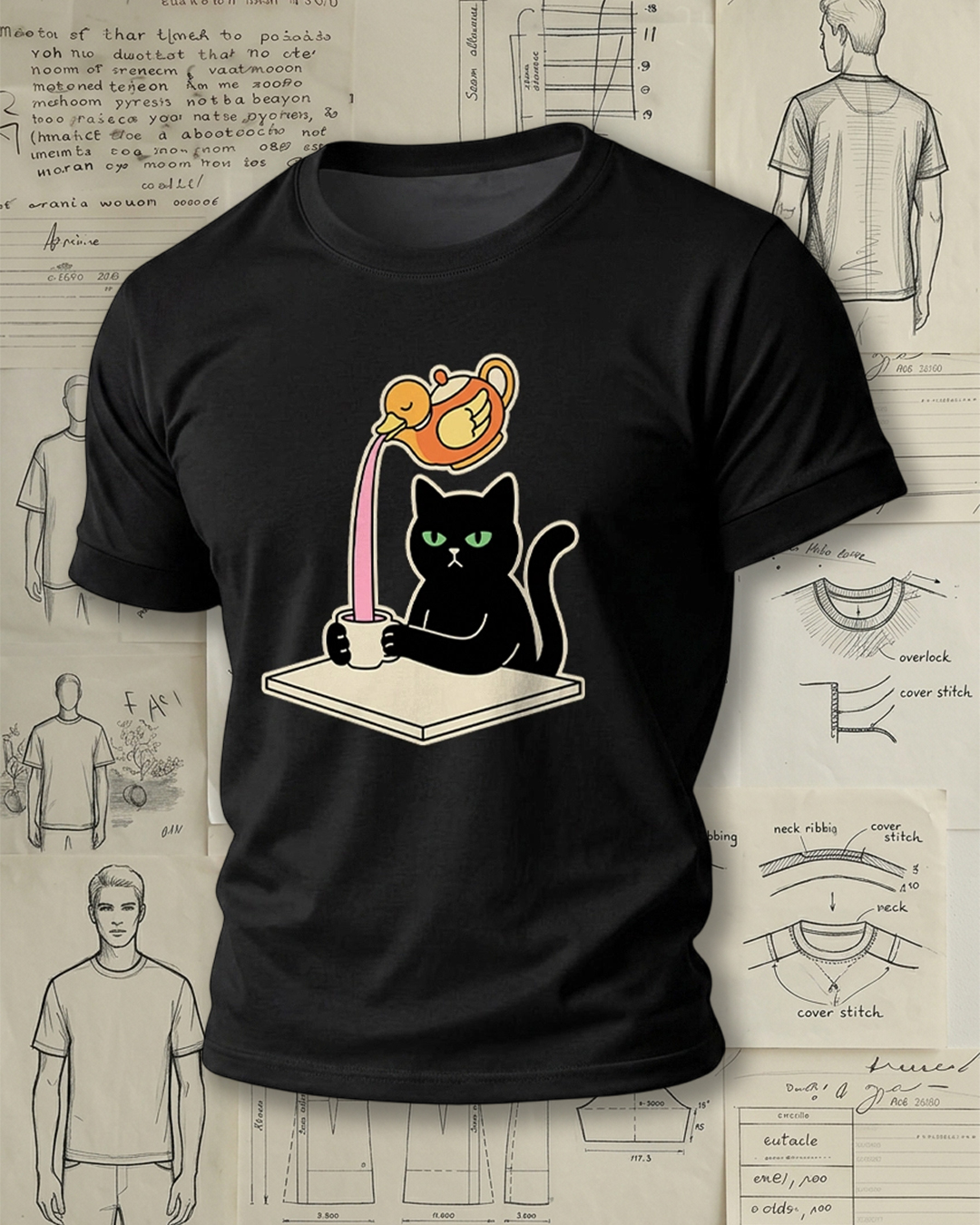 Black Cat Drinking Pink Liquid from Duck-Shaped Pot Print Retro Cute Unisex T-Shirt
