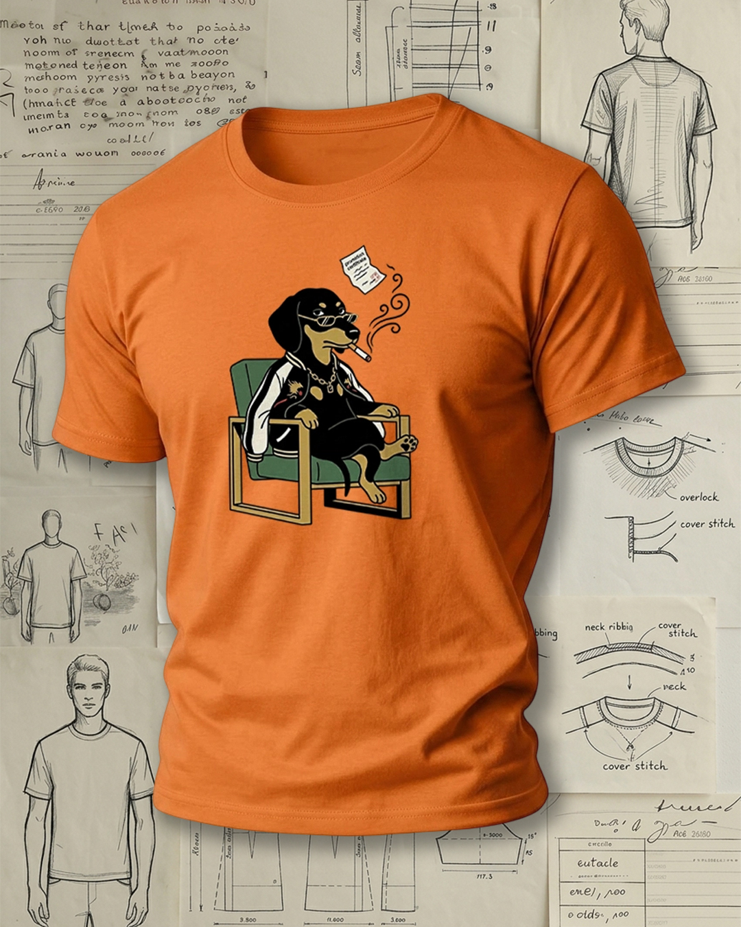 Smoking Dachshund on Armchair Print Retro Cool Unisex T-Shirt