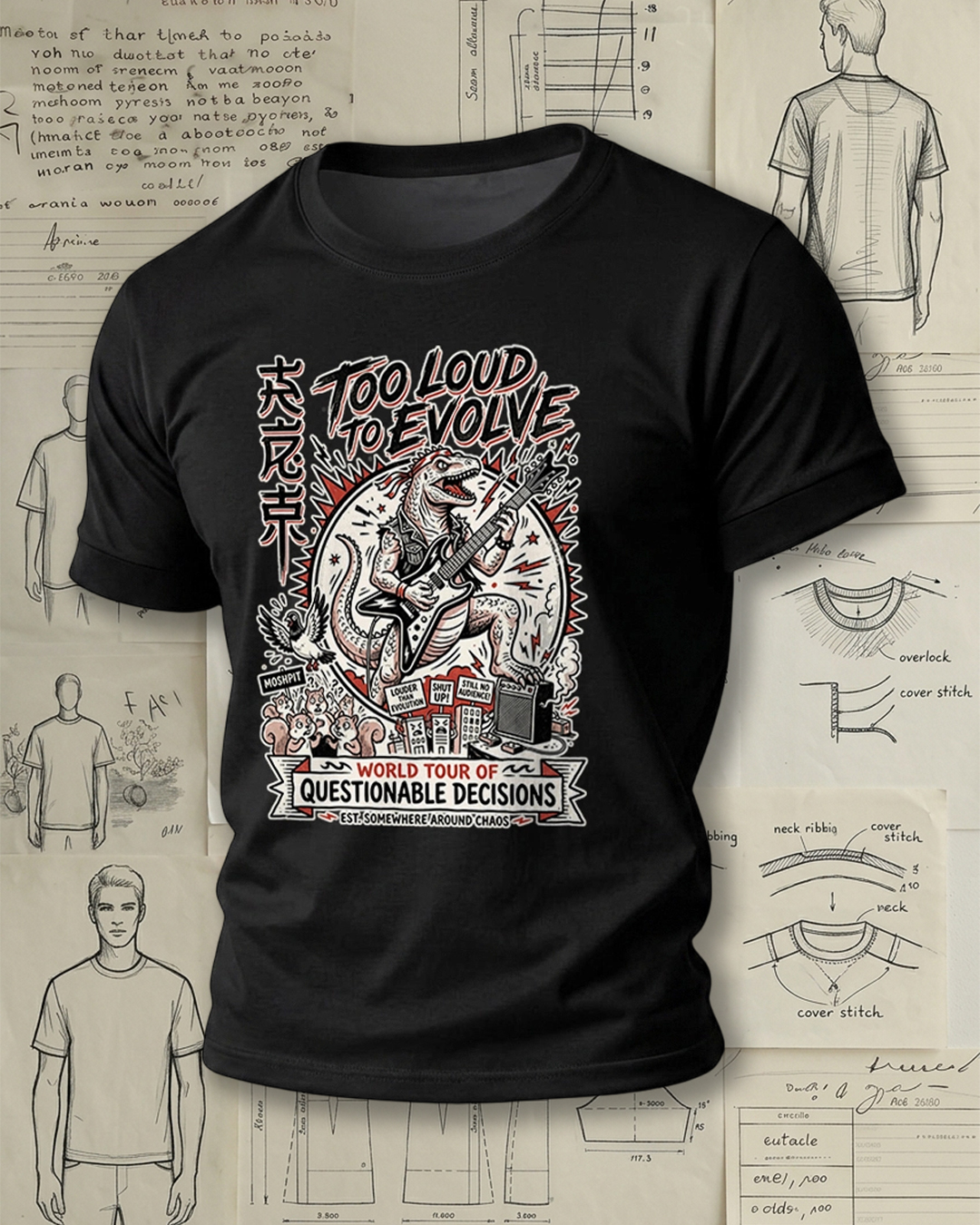 Rockin' Dinosaur Playing Guitar Print Street Cool Unisex T-Shirt