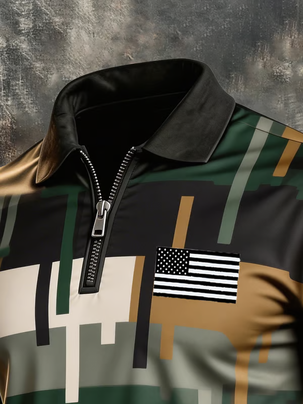 Men's Retro "Patriot" Color-Block Short-Sleeve Half-Zip Polo Shirt