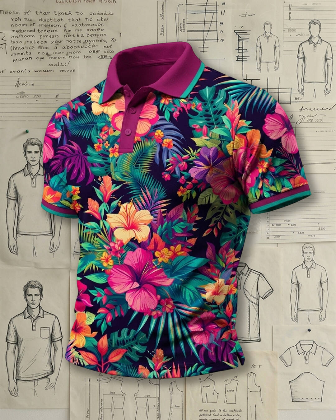 Tropical Floral Print Magenta Collar Contrast Cuff Collared Polo Shirt