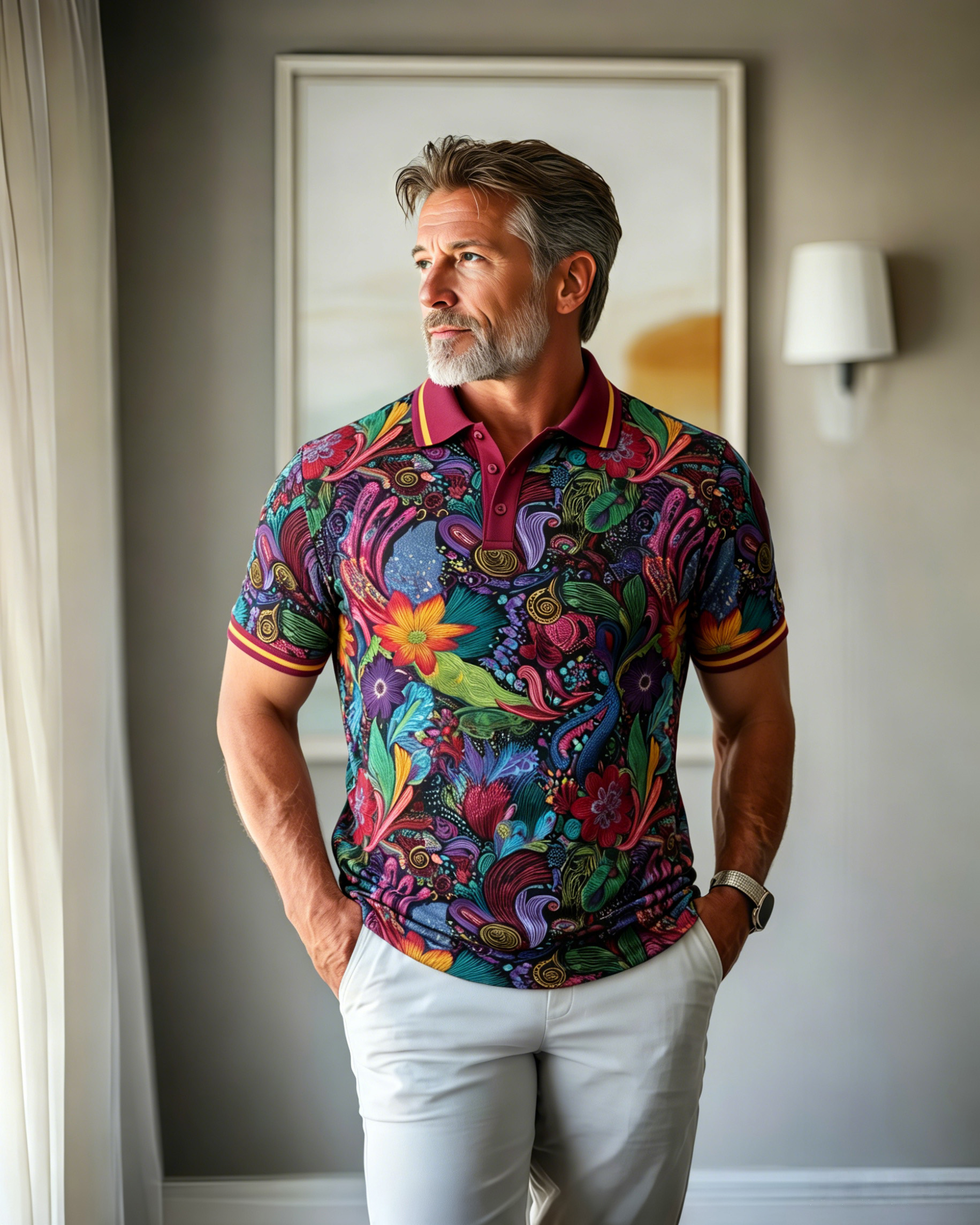 Men’s Psychedelic Floral Art Polo