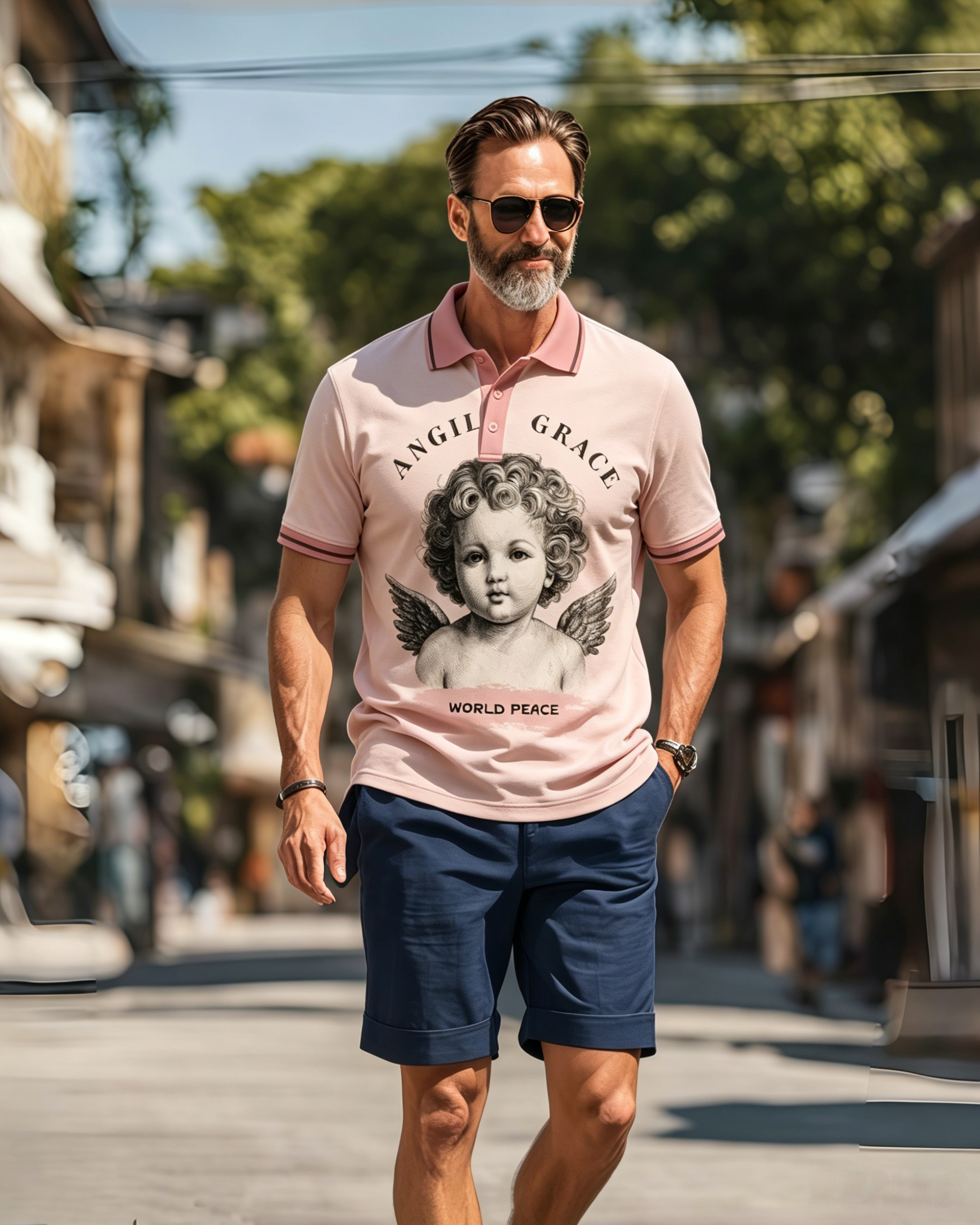 Vintage Cherub Angel Print Polo Shirt