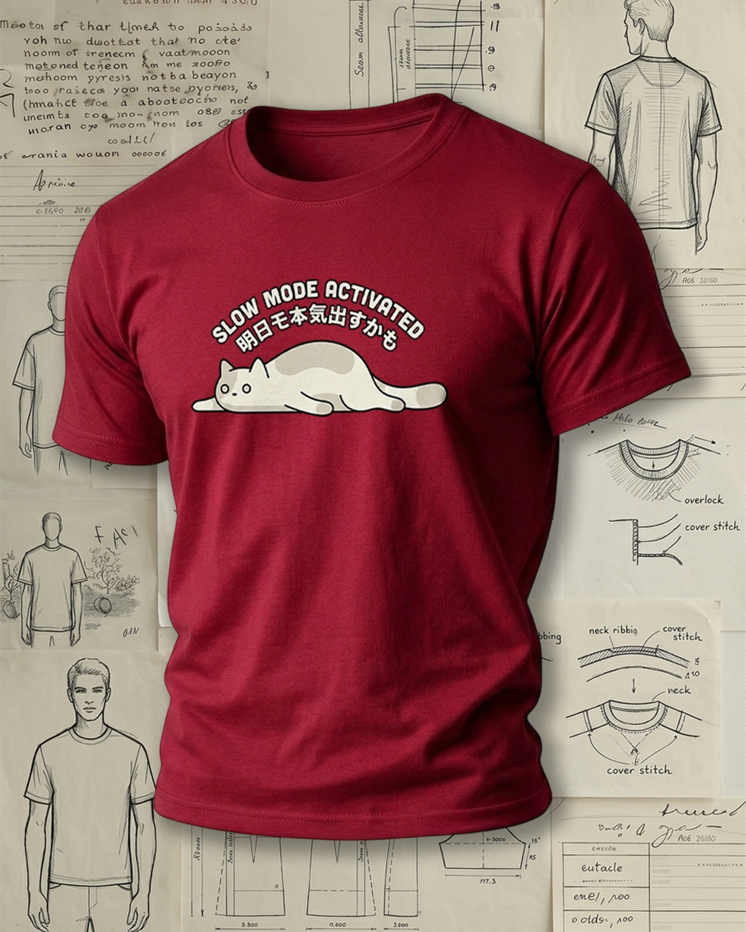 Lying Cat with Bilingual Print Retro Lazy Unisex T-Shirt