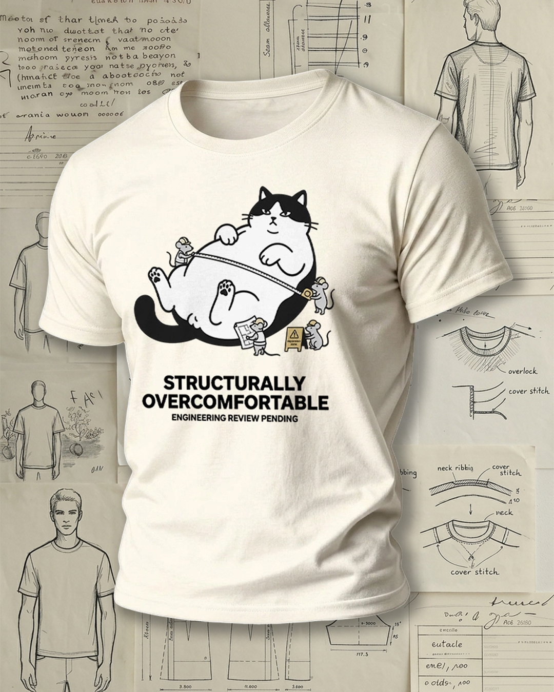 Fat Cat Lying Flat Engineering Meme Print Retro Funny Unisex T-Shirt