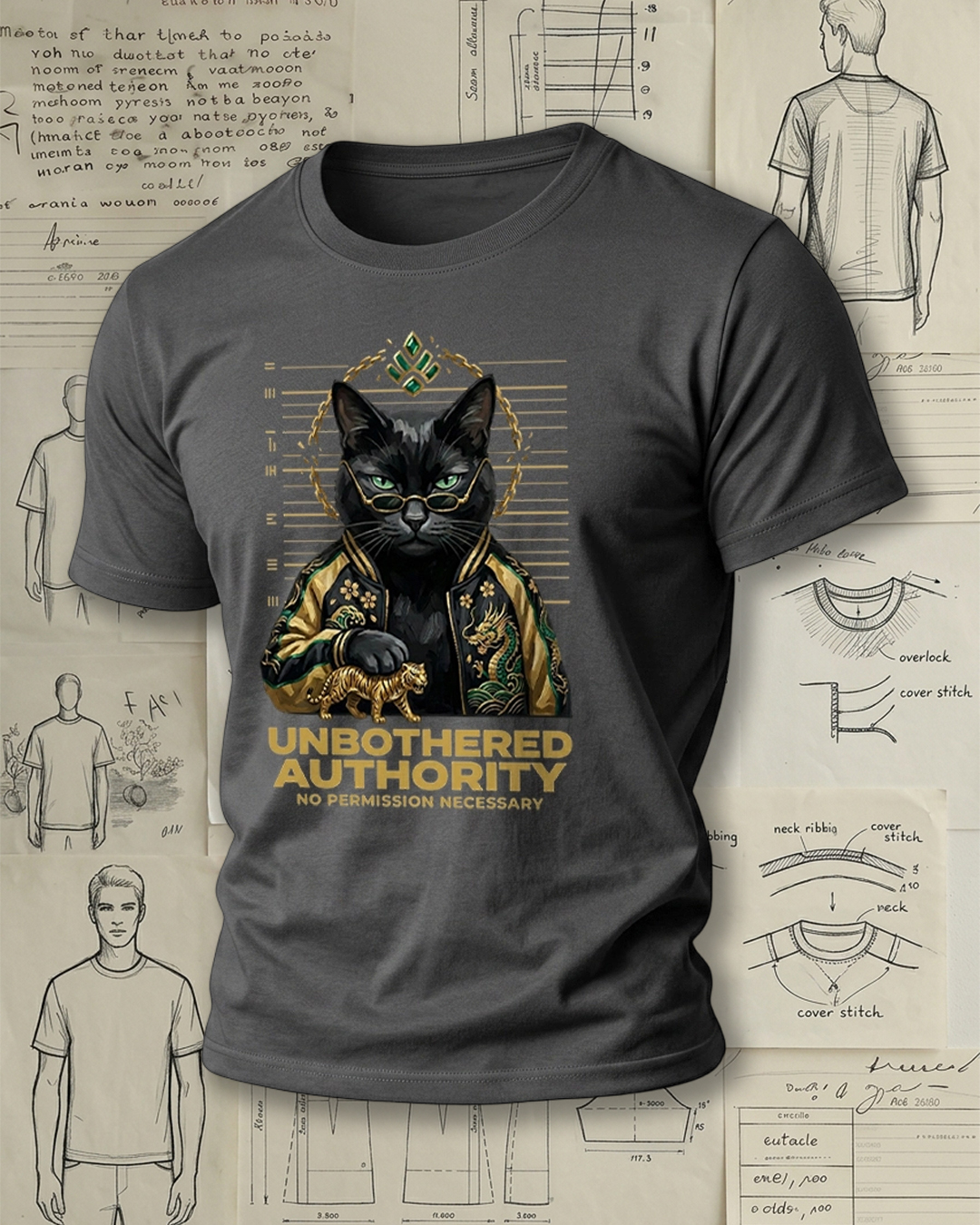 Black Cat Holding Tiger with Chinese Style Print Retro Cool Unisex T-Shirt