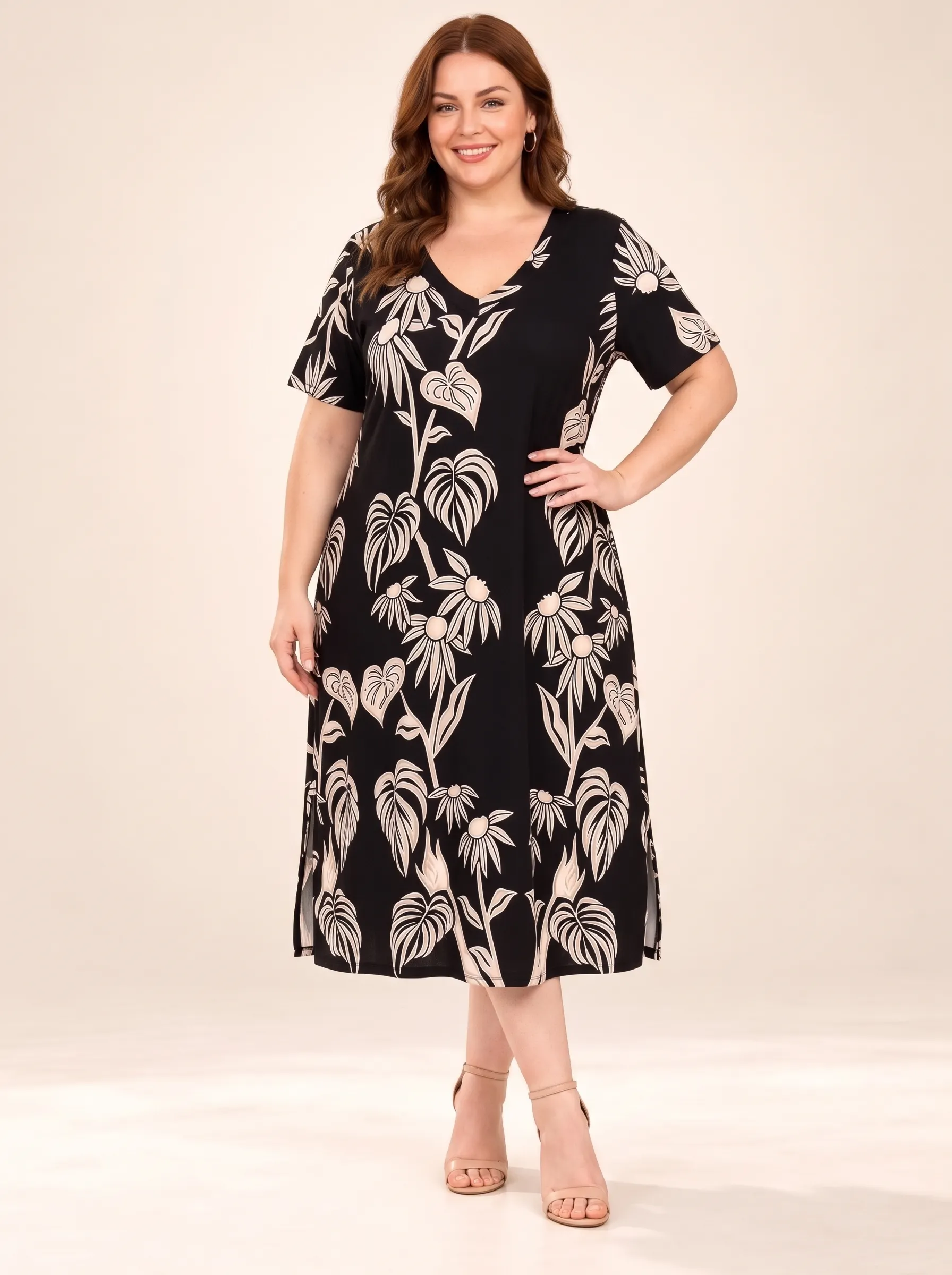 Women's V Neck Short Sleeve Printed Midi Dress