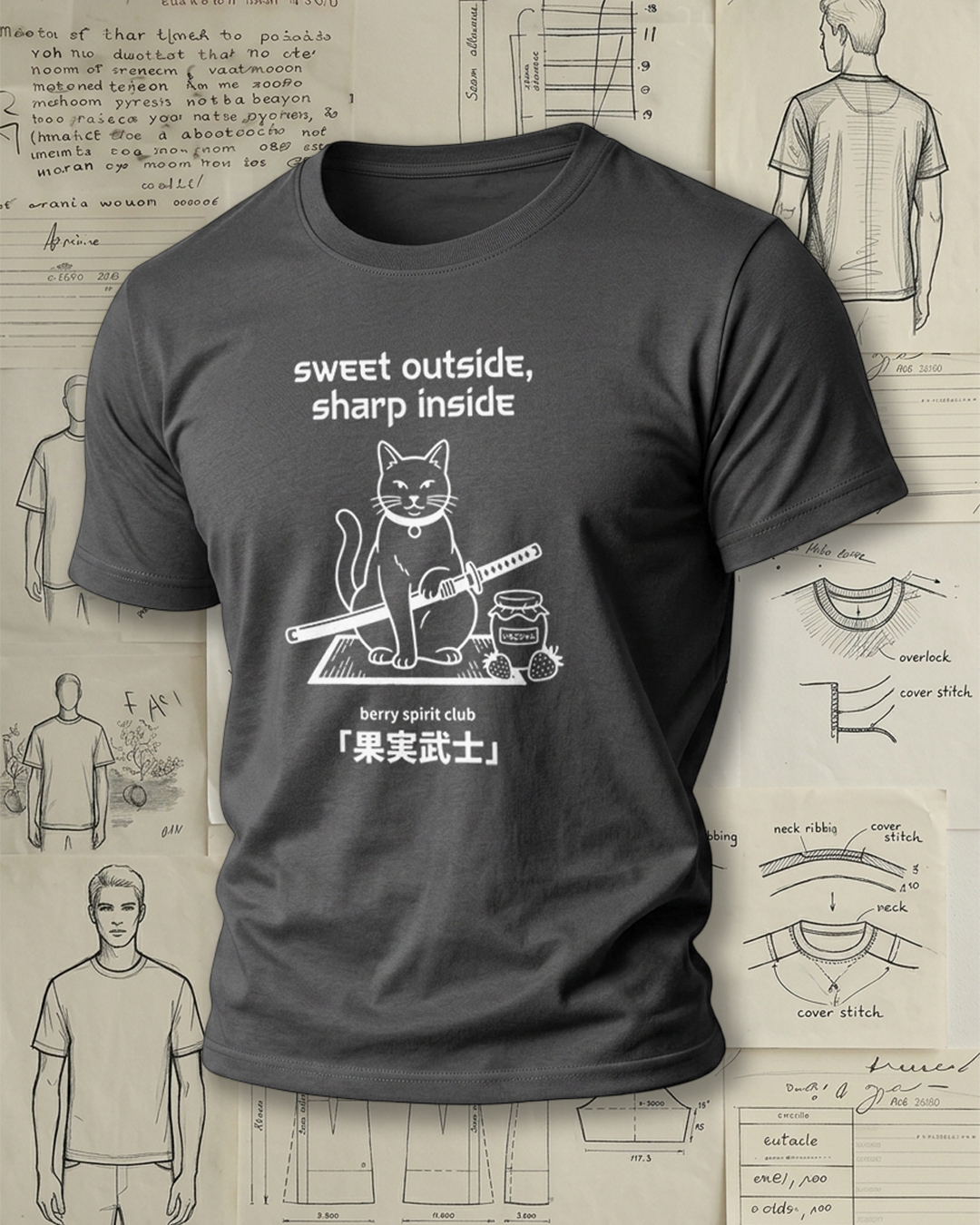 Samurai Cat with Sword and Berry Print Retro Cool Unisex T-Shirt