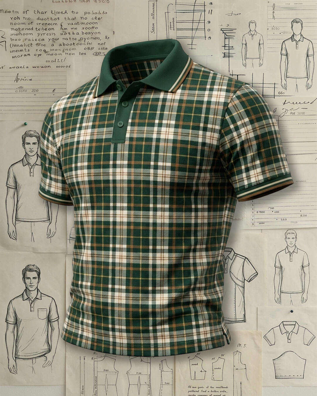 Green Tartan Plaid Striped Trim Collared Polo Shirt