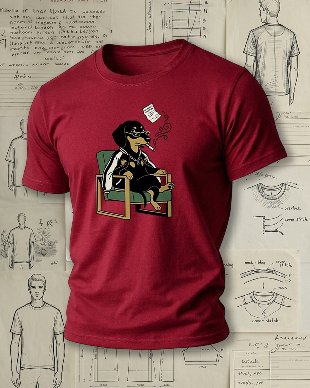 Smoking Dachshund on Armchair Print Retro Cool Unisex T-Shirt