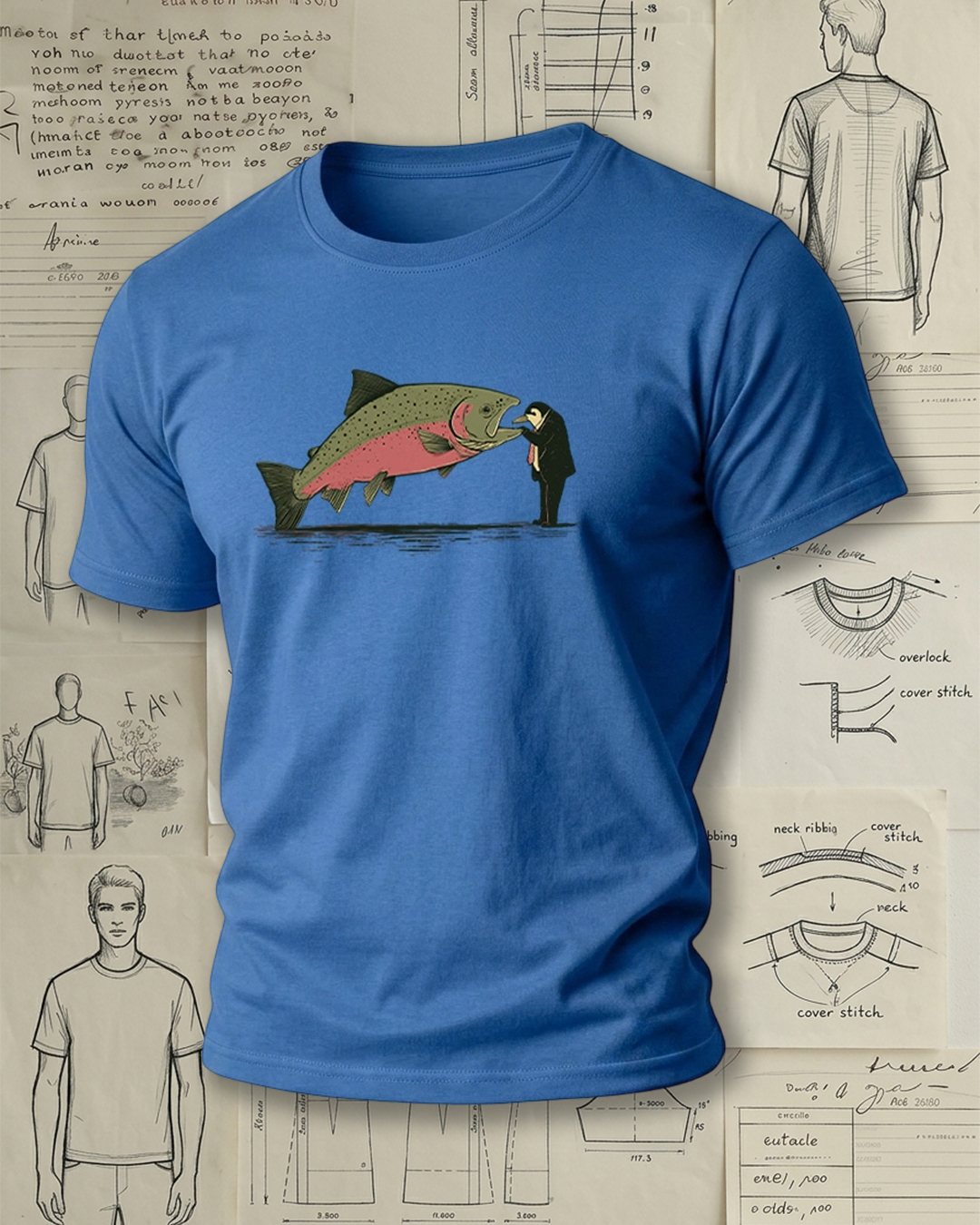 Suit Man Kissing Trout Print Retro Funny Unisex T-Shirt
