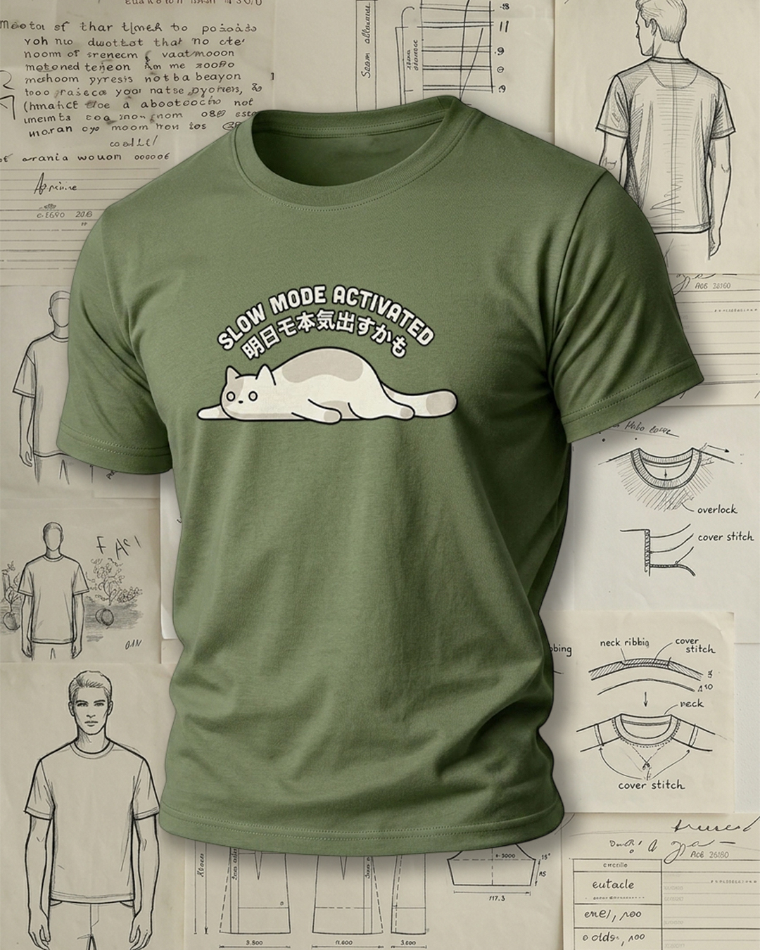 Lying Cat with Bilingual Print Retro Lazy Unisex T-Shirt