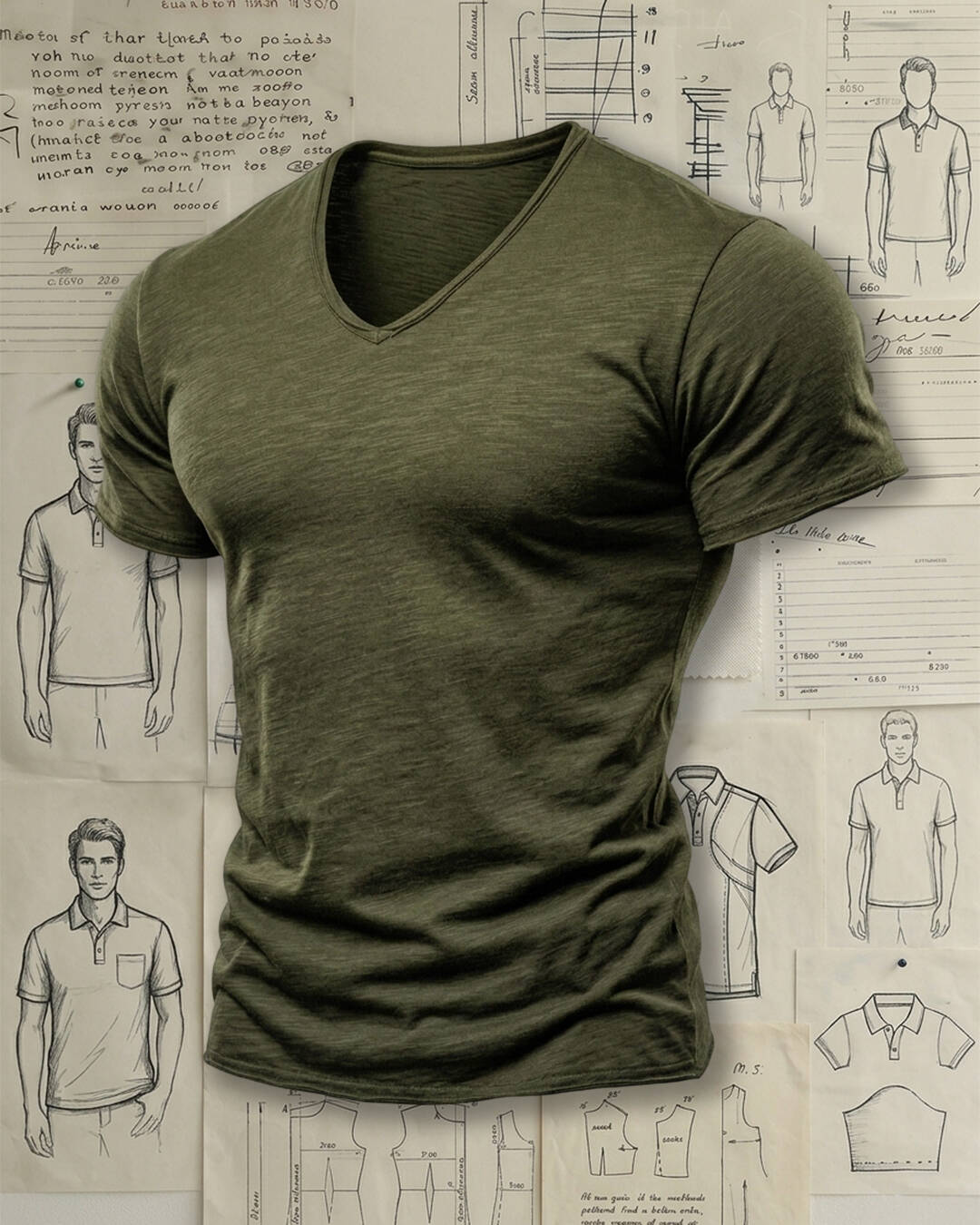 Men's Olive Green Heathered V‑Neck Slim Fit Casual Short Sleeve T‑Shirt