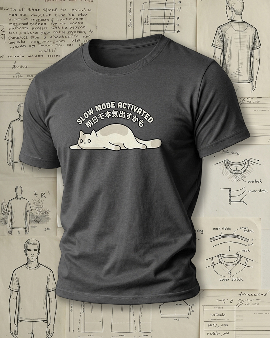 Lying Cat with Bilingual Print Retro Lazy Unisex T-Shirt