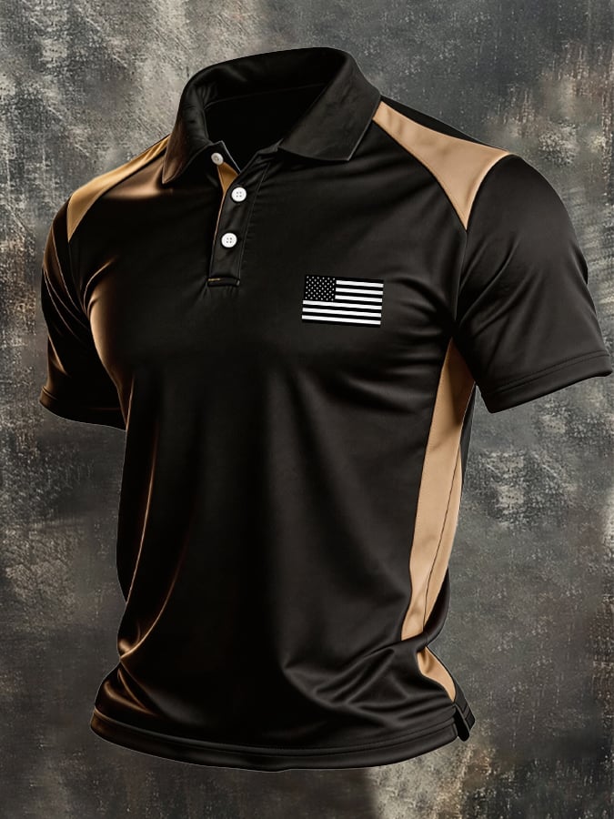 Men's Retro Patriotic Color-Block Short-Sleeve Polo Shirt