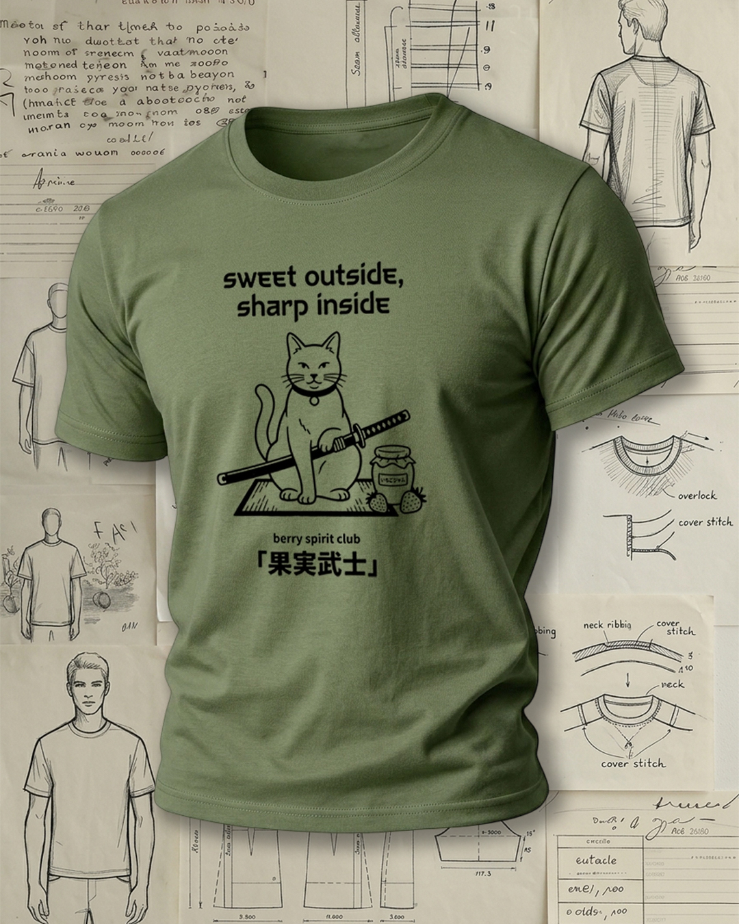 Samurai Cat with Sword and Berry Print Retro Cool Unisex T-Shirt
