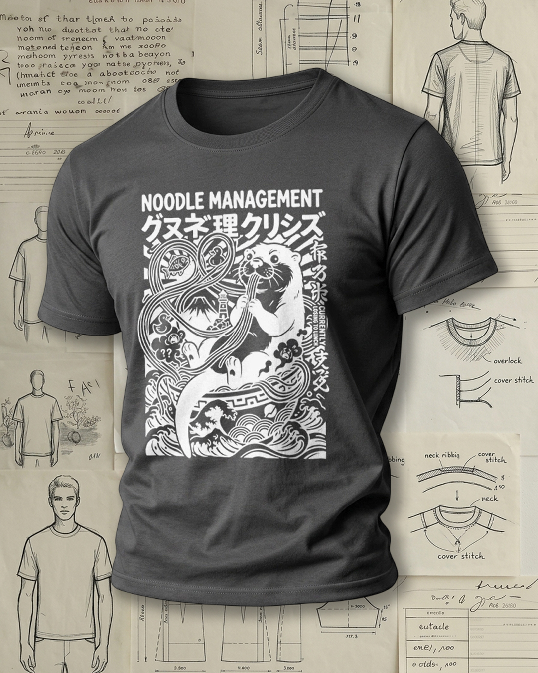 Smoking Otter Eating Noodles Print Street Cool Unisex T-Shirt