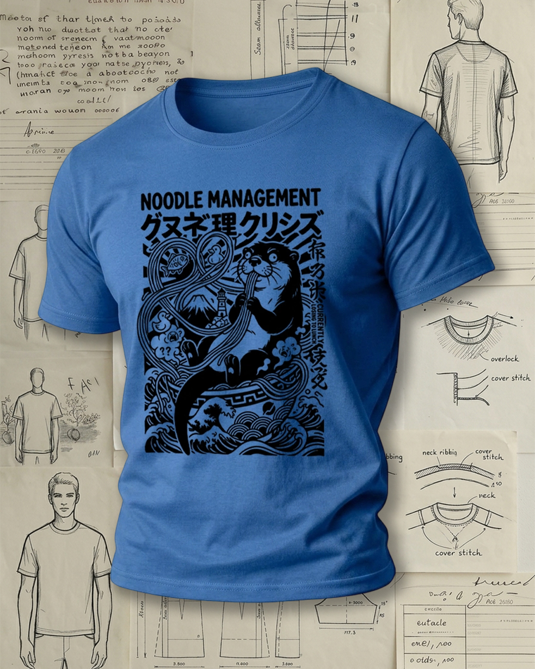 Smoking Otter Eating Noodles Print Street Cool Unisex T-Shirt