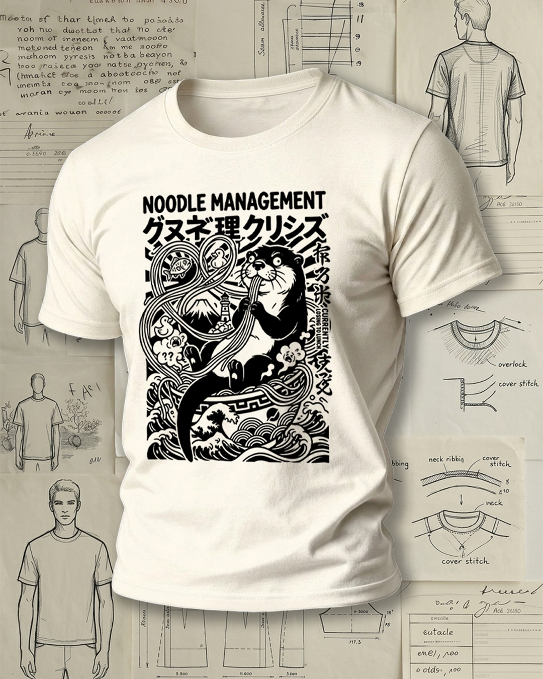 Smoking Otter Eating Noodles Print Street Cool Unisex T-Shirt