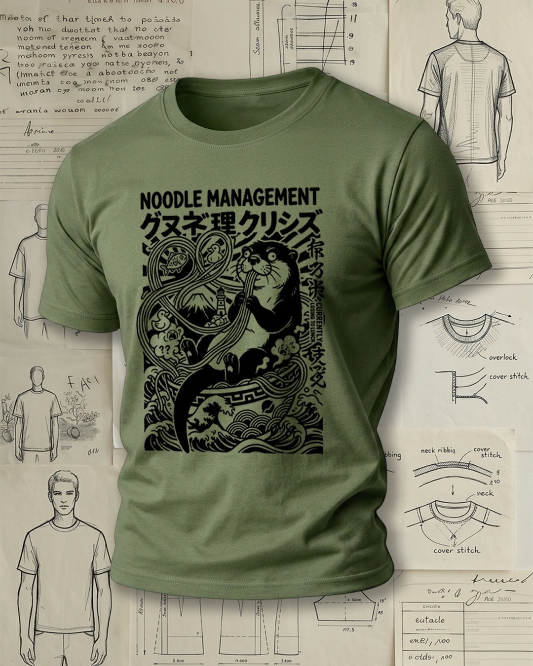 Smoking Otter Eating Noodles Print Street Cool Unisex T-Shirt