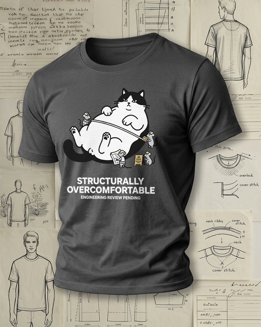 Fat Cat Lying Flat Engineering Meme Print Retro Funny Unisex T-Shirt