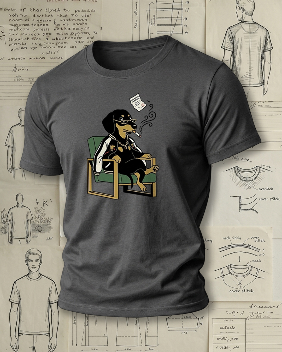 Smoking Dachshund on Armchair Print Retro Cool Unisex T-Shirt