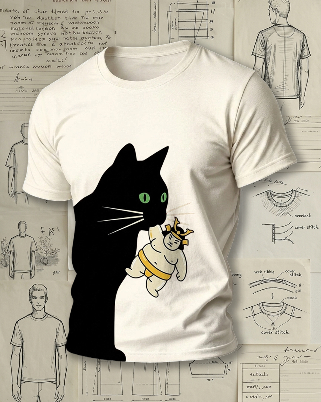 Black Cat Holding Sumo Wrestler Print Retro Funny Unisex T-Shirt