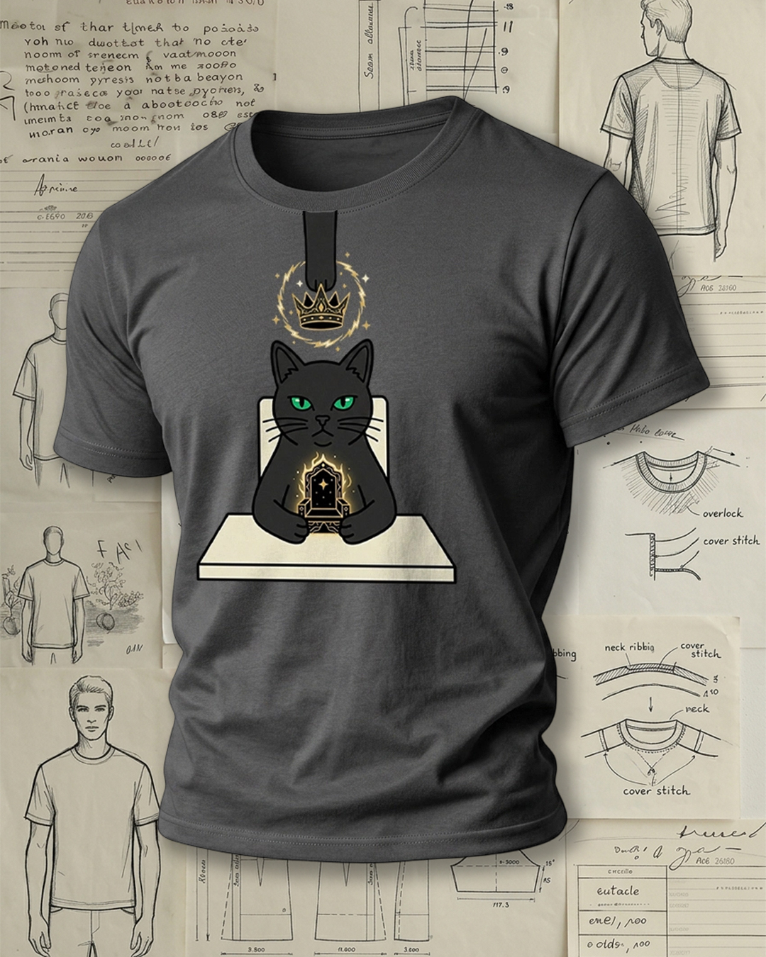 Black Cat Holding Throne with Crown Print Retro Cool Unisex T-Shirt