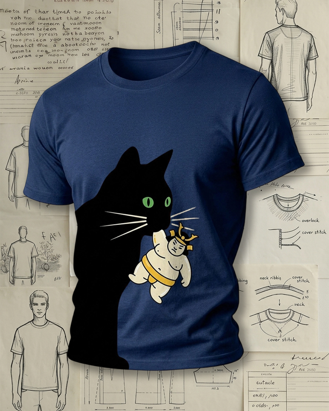 Black Cat Holding Sumo Wrestler Print Retro Funny Unisex T-Shirt