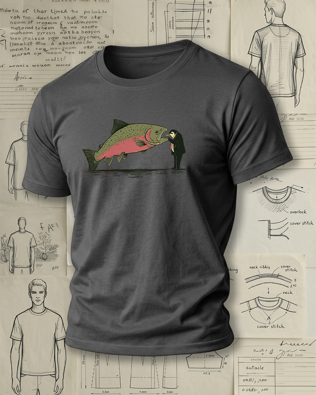 Suit Man Kissing Trout Print Retro Funny Unisex T-Shirt