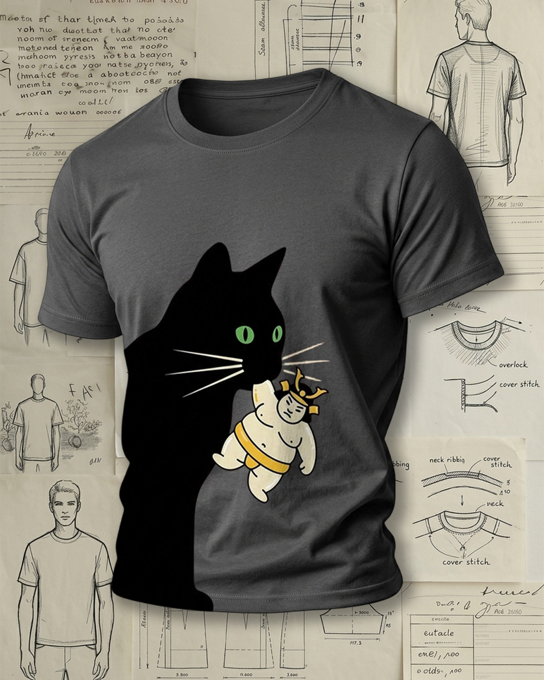 Black Cat Holding Sumo Wrestler Print Retro Funny Unisex T-Shirt