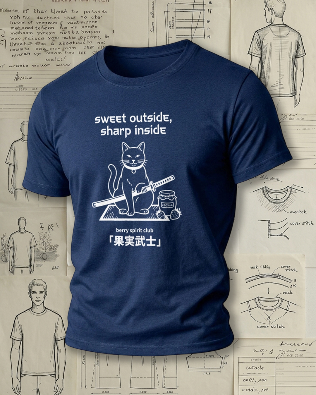 Samurai Cat with Sword and Berry Print Retro Cool Unisex T-Shirt