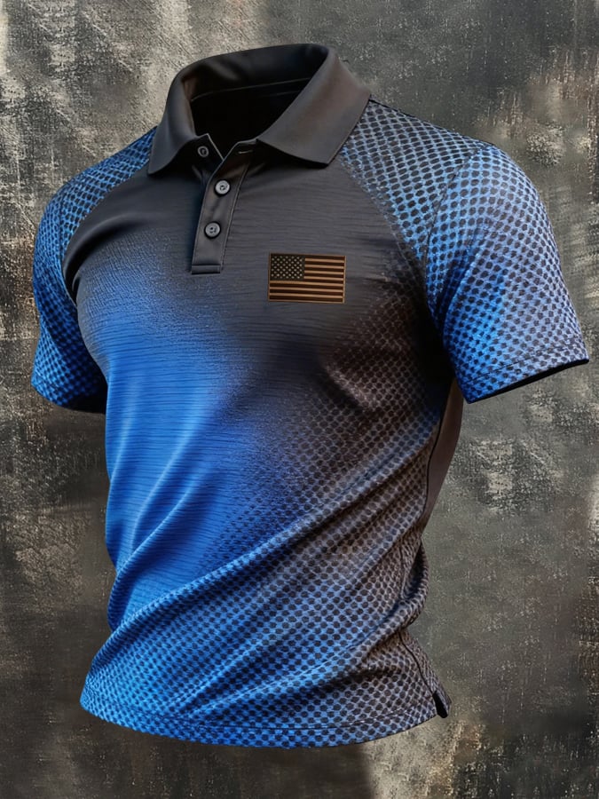 Men's Retro Patriotic Color-Block Short-Sleeve Polo Shirt