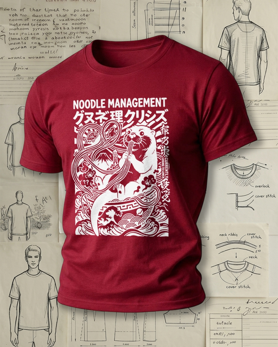 Smoking Otter Eating Noodles Print Street Cool Unisex T-Shirt