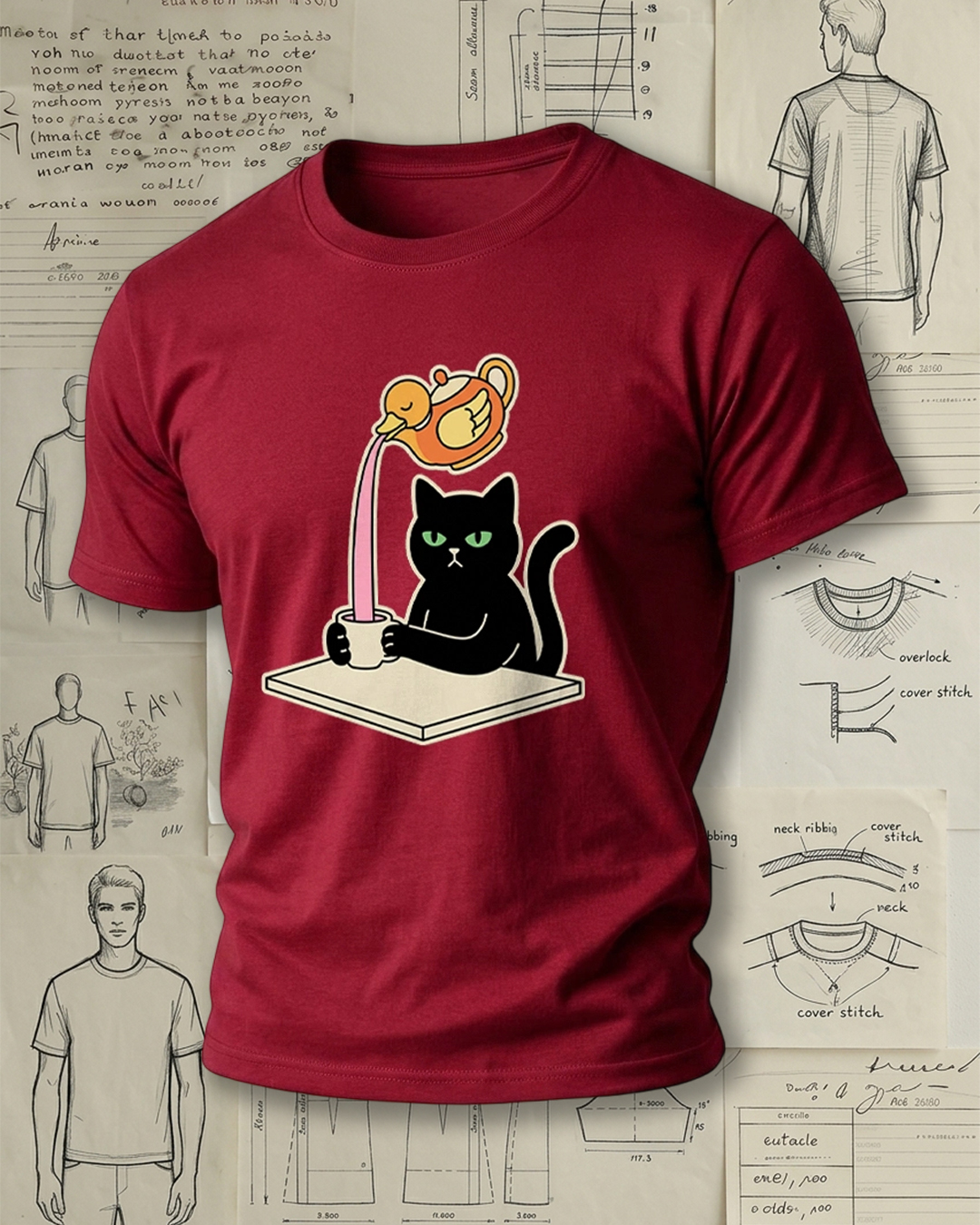 Black Cat Drinking Pink Liquid from Duck-Shaped Pot Print Retro Cute Unisex T-Shirt