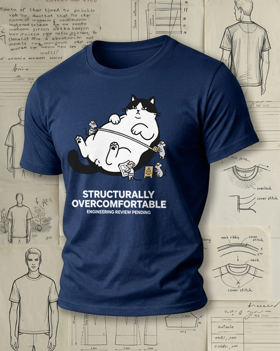 Fat Cat Lying Flat Engineering Meme Print Retro Funny Unisex T-Shirt