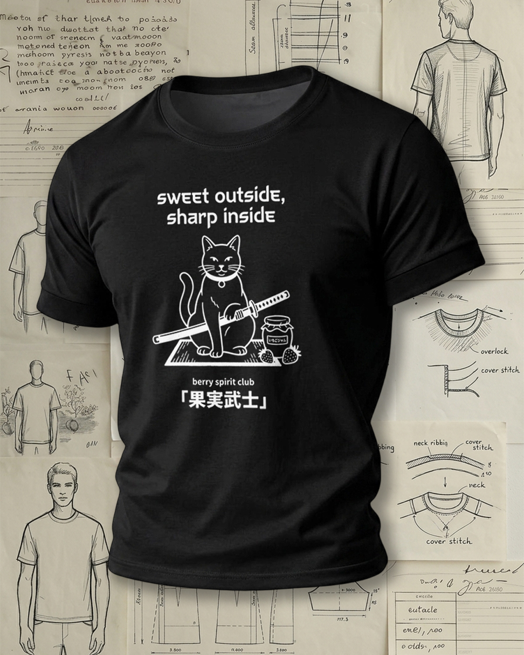 Samurai Cat with Sword and Berry Print Retro Cool Unisex T-Shirt